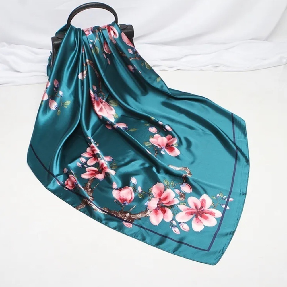 NEW Teal blue pink floral flower printed silky fashion scarf